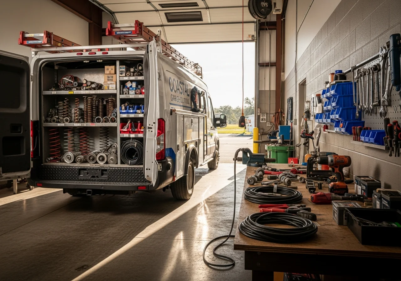 Fully stocked service truck and garage door repair tools ready for on-site service calls.