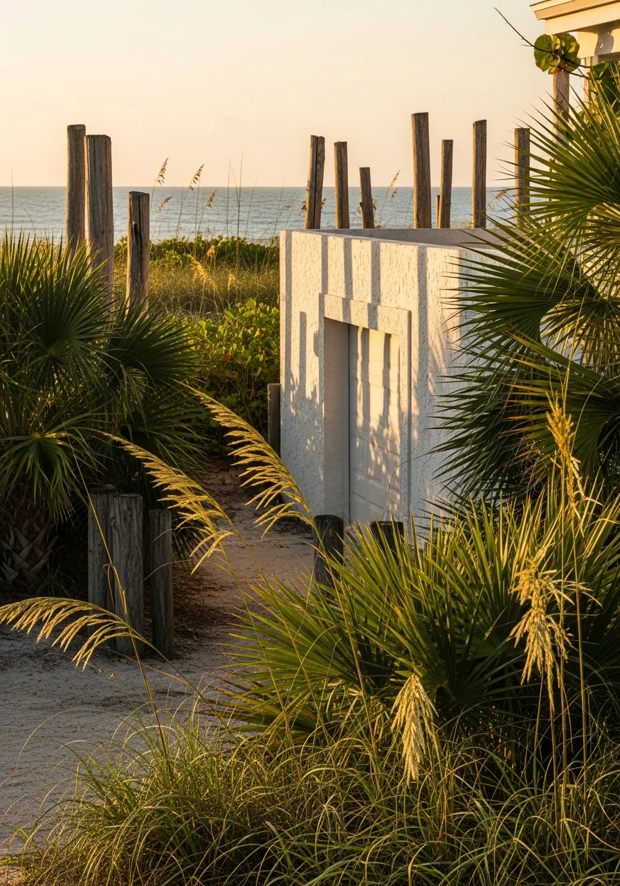 Melbourne Beach beachside entrance with salt-resistant landscaping and ocean view.