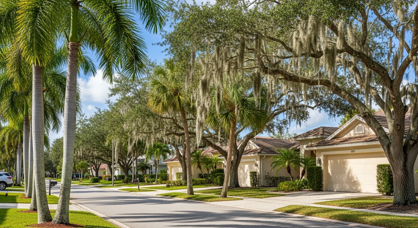 Coastal Melbourne neighborhood with palm trees and residential homes near downtown area.