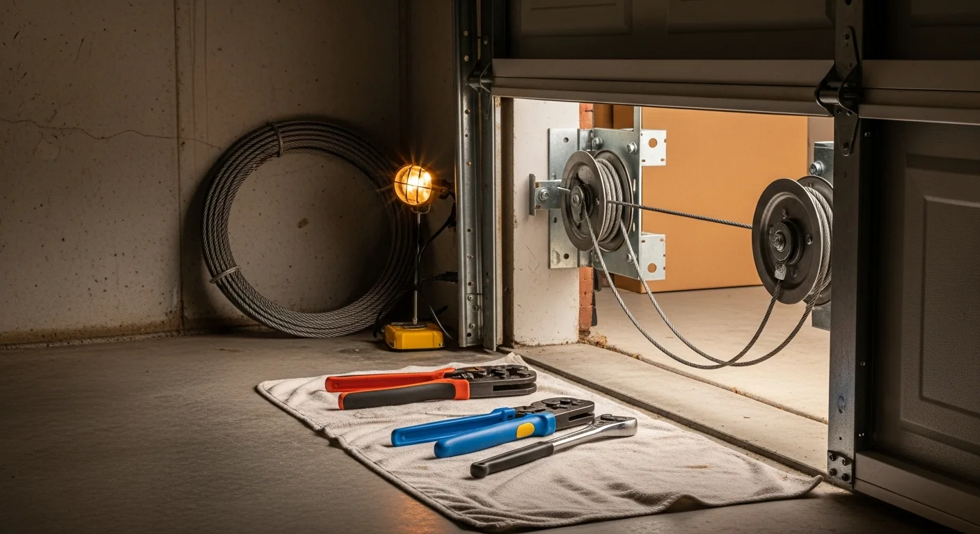 A Melbourne garage door technician from Coastal Garage Door Solutions installing a new lift cable on a residential sectional door, with the drum and pulley system visible. The door is secured in the open position during the repair.