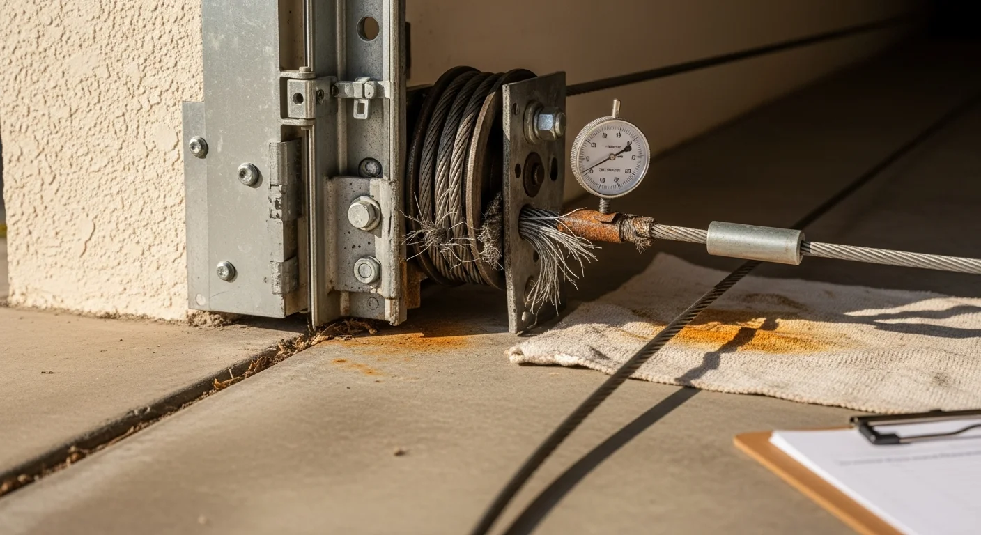 A Coastal Garage Door Solutions technician inspecting a garage door lift cable and drum up close at a Melbourne residential property. The image shows the cable, bottom bracket, and pulley on a sectional garage door in a suburban Melbourne garage.