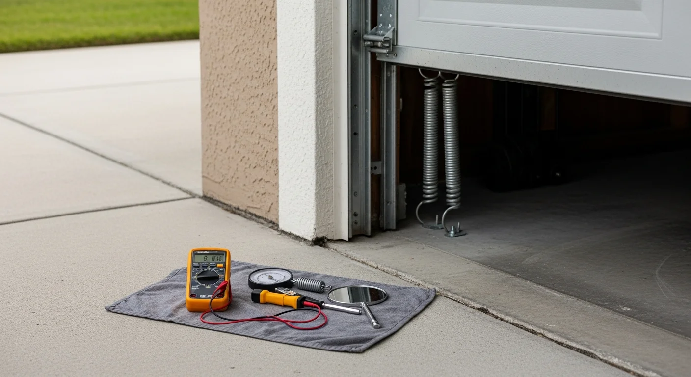 A Coastal Garage Door Solutions technician inspecting the springs, tracks, and rollers of a residential garage door at a Melbourne home. The technician examines hardware components up close during a routine garage door inspection visit.