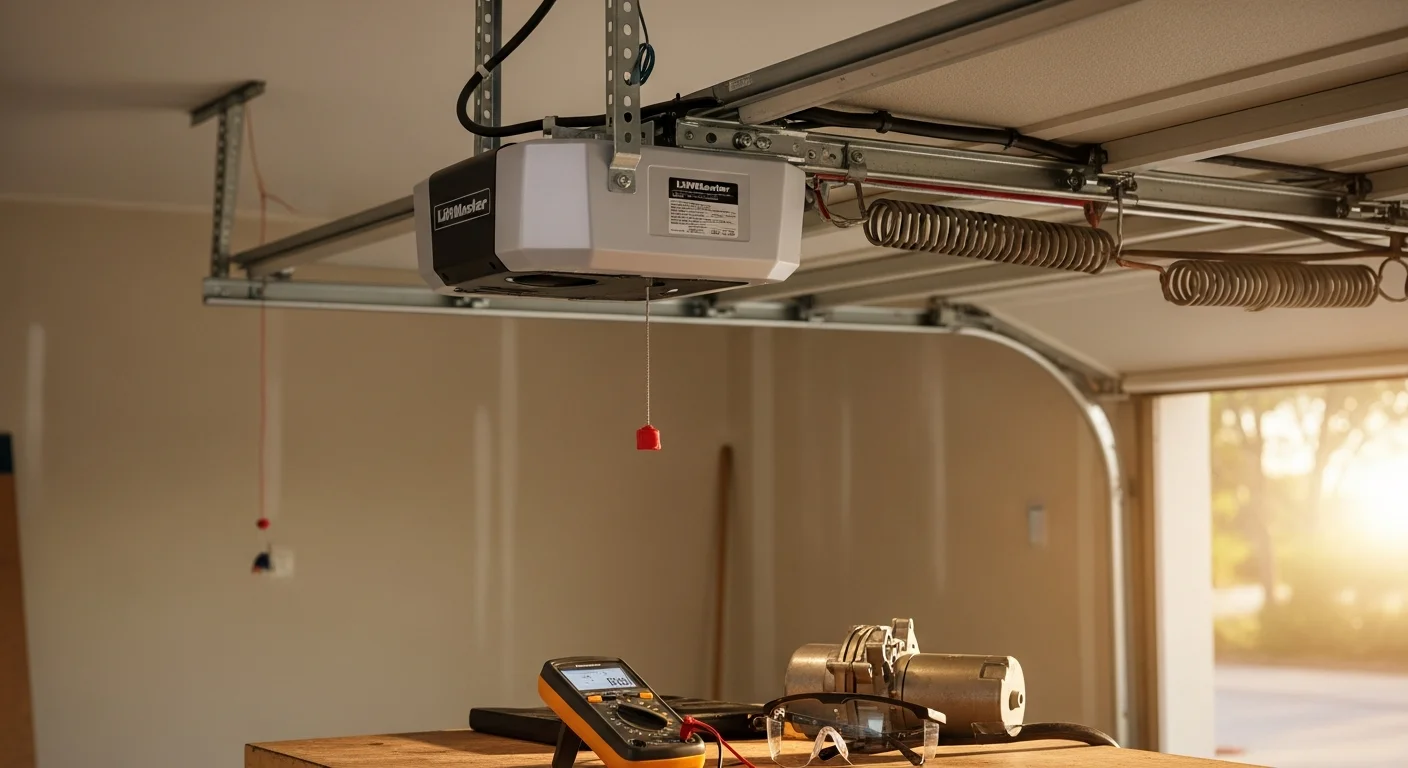 A newly installed garage door opener motor mounted above a sectional garage door at a Melbourne residential property. The unit is connected to the door rail with remote controls visible on a nearby wall bracket.