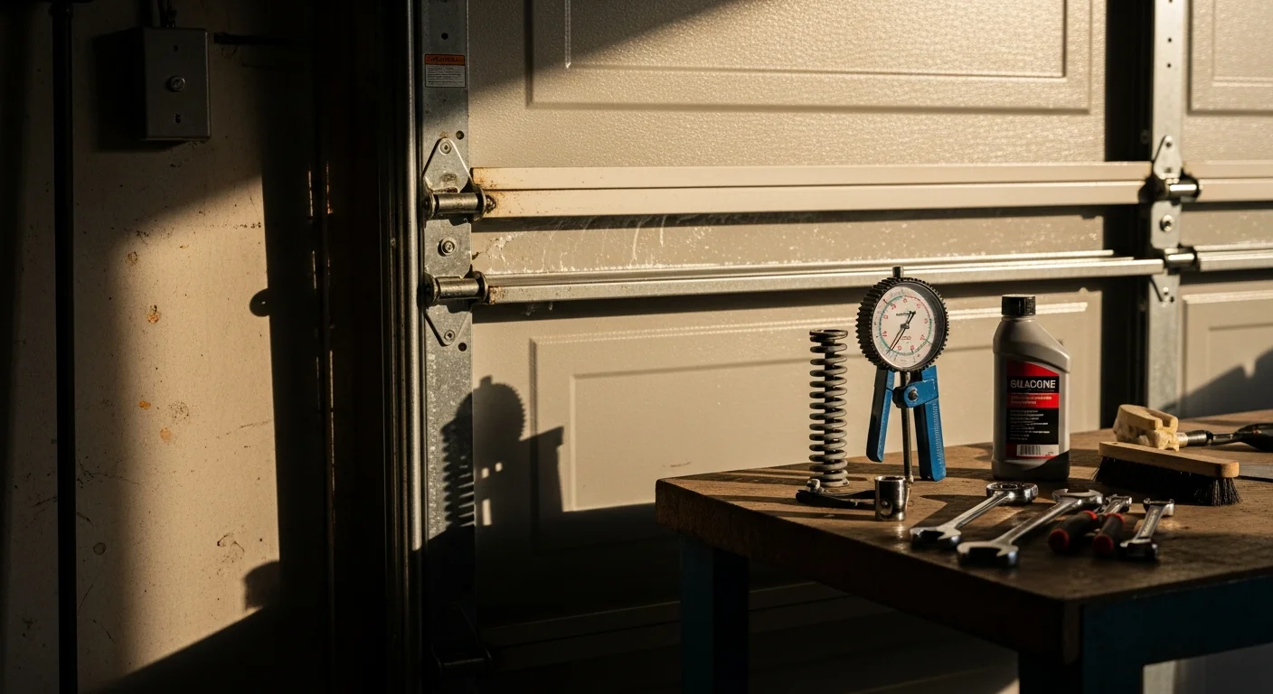 A Coastal Garage Door Solutions technician inspecting and lubricating the rollers and hinges of a residential garage door in Melbourne. The door panels and track hardware are clean and properly aligned.