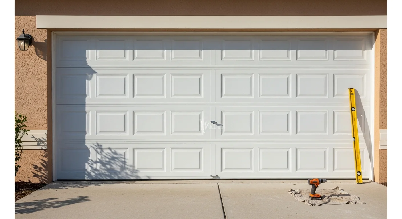 A newly installed sectional garage door on a residential Melbourne home, with clean panel lines and a motorized opener visible inside the garage. The door sits flush in the opening with weather seals along the base and sides.