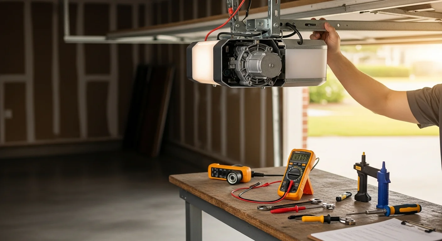 A garage door opener motor unit mounted to the ceiling of a Melbourne home garage, with a technician inspecting the drive rail and sensor wiring during a routine maintenance visit. The roller door below is fully closed and the photo-eye sensors on both sides of the door frame are visible and aligned.
