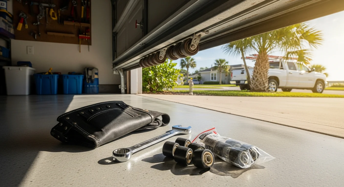 A Melbourne garage door technician from Coastal Garage Door Solutions fitting new rollers into the side track of a residential sectional garage door. The old worn rollers sit on the ground beside the open door panel.