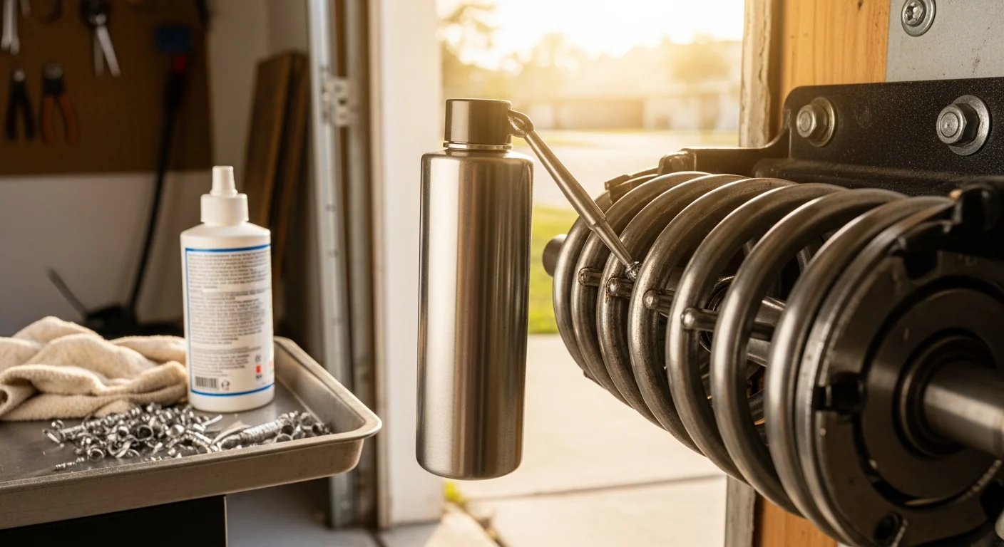 A garage door technician applying lubricant to torsion springs and bearing plates on a residential garage door in Melbourne. The door is fully closed and the spring hardware above the opening is clean and freshly serviced.